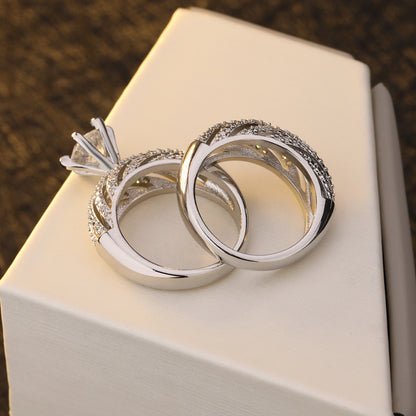 Wish hot sale full diamond double-layer simulation diamond set ring female ebay new plated S925 silver engagement ring