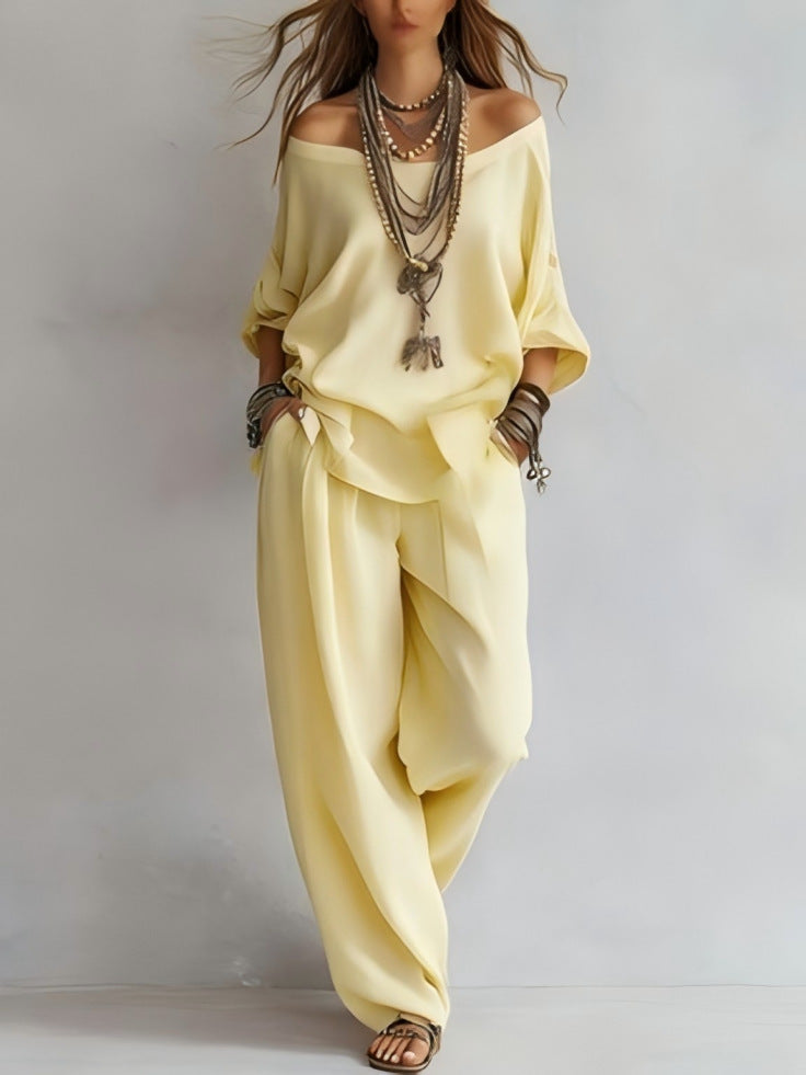 Off-shouder Suits Fashion Three-quarter Sleeves Top And Loose Pockets Wide-Leg Pants Set Women's Clothing