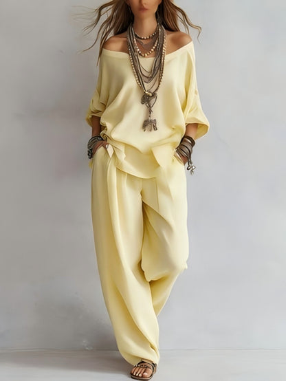 Off-shouder Suits Fashion Three-quarter Sleeves Top And Loose Pockets Wide-Leg Pants Set Women's Clothing