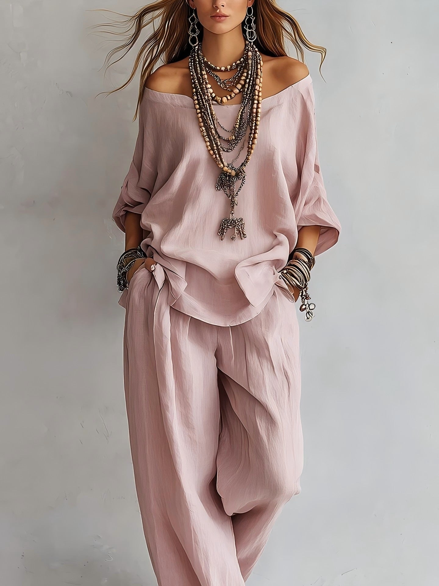 Off-shouder Suits Fashion Three-quarter Sleeves Top And Loose Pockets Wide-Leg Pants Set Women's Clothing