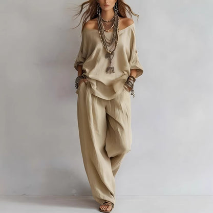 Off-shouder Suits Fashion Three-quarter Sleeves Top And Loose Pockets Wide-Leg Pants Set Women's Clothing